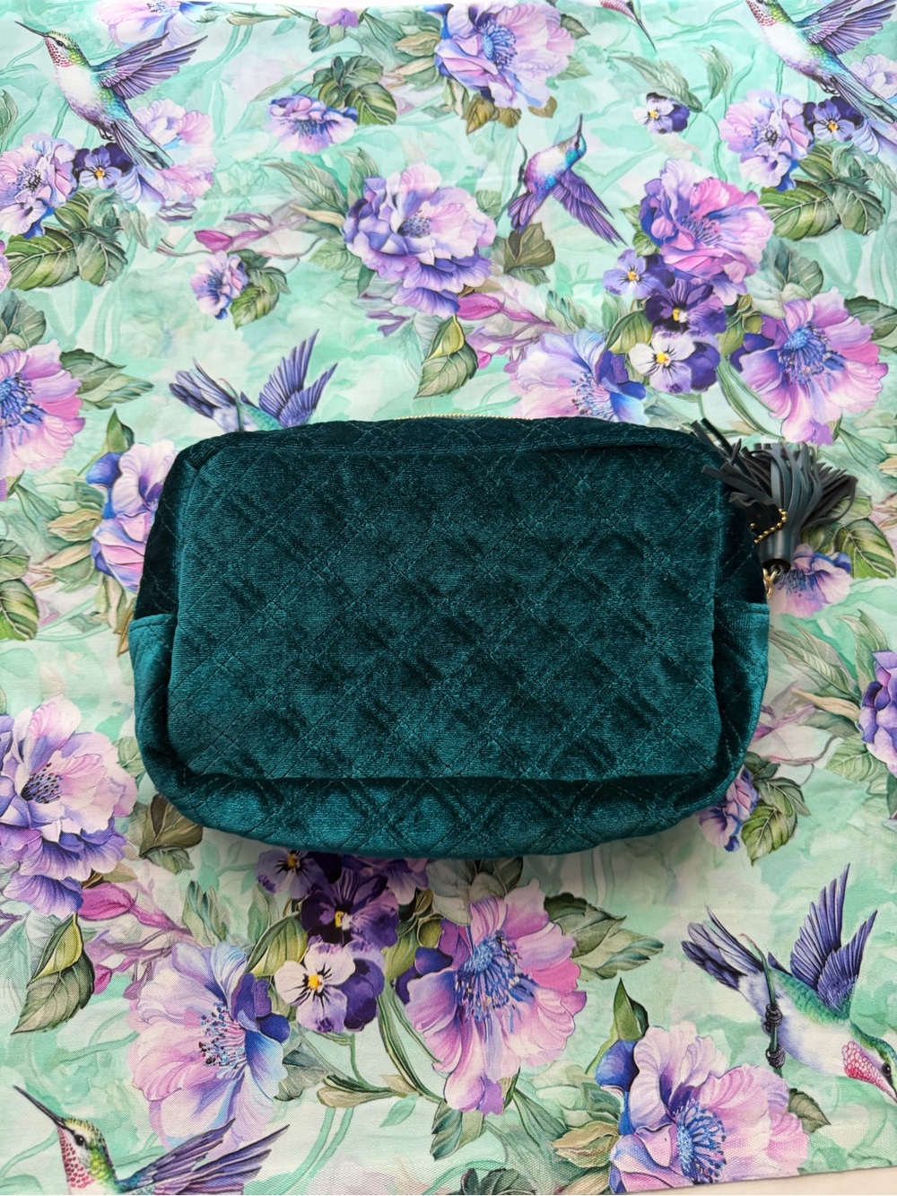 Quilted Velvet Teal Makeup Bag with Tassel - Picture 3 of 8